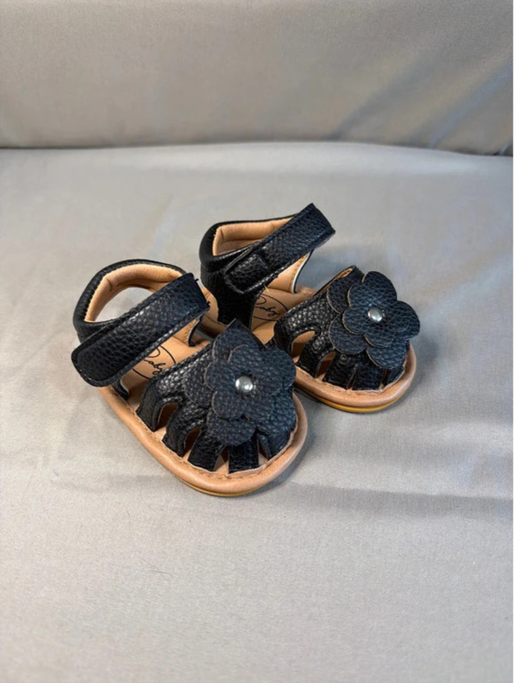 Baby Black Leather Flower Sandals with Velcro Strap